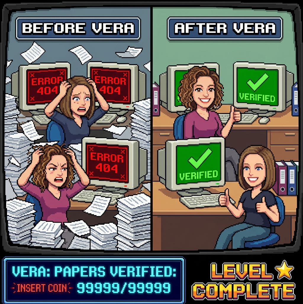 Before VERA: stacks of paperwork and Error 404 screens. After VERA: tidy desk with Verified checkmarks. LEVEL COMPLETE.